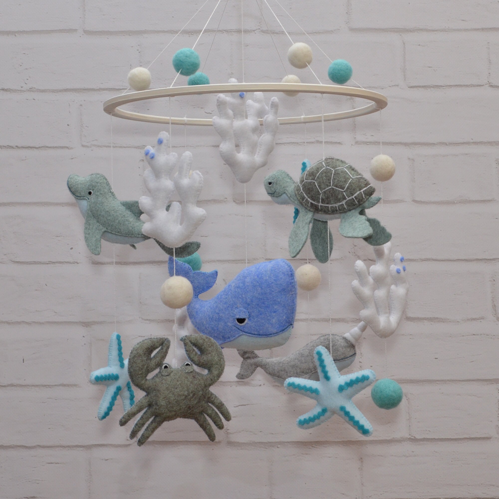 Classic Nautical Baby Mobile - Deep Blue Sea Creatures Whale & Turtle Nursery Hanging