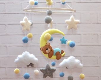 Baby Mobile. Nursery Mobile. Crib for Mobile. Mobile Baby Bear. Nursery Decor Clouds. Crib Decor Moon. Baby Shower Gift. Newborn Gift.