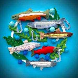 Baby Mobile Fishing. Crib Mobile. Nursery. Felt Mobile. Fishing Decor. Hanging Mobile. River Fish. Salmon, Trout, Kokanee, Arctic Char.