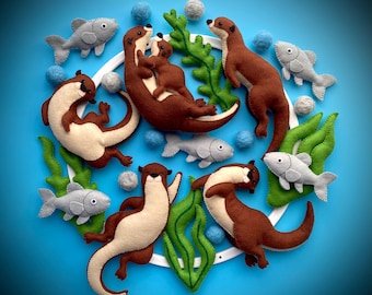 Playful Otters Baby Mobile - Hand-Stitched River Animals & Fish - Blue and Brown Nursery Hanging