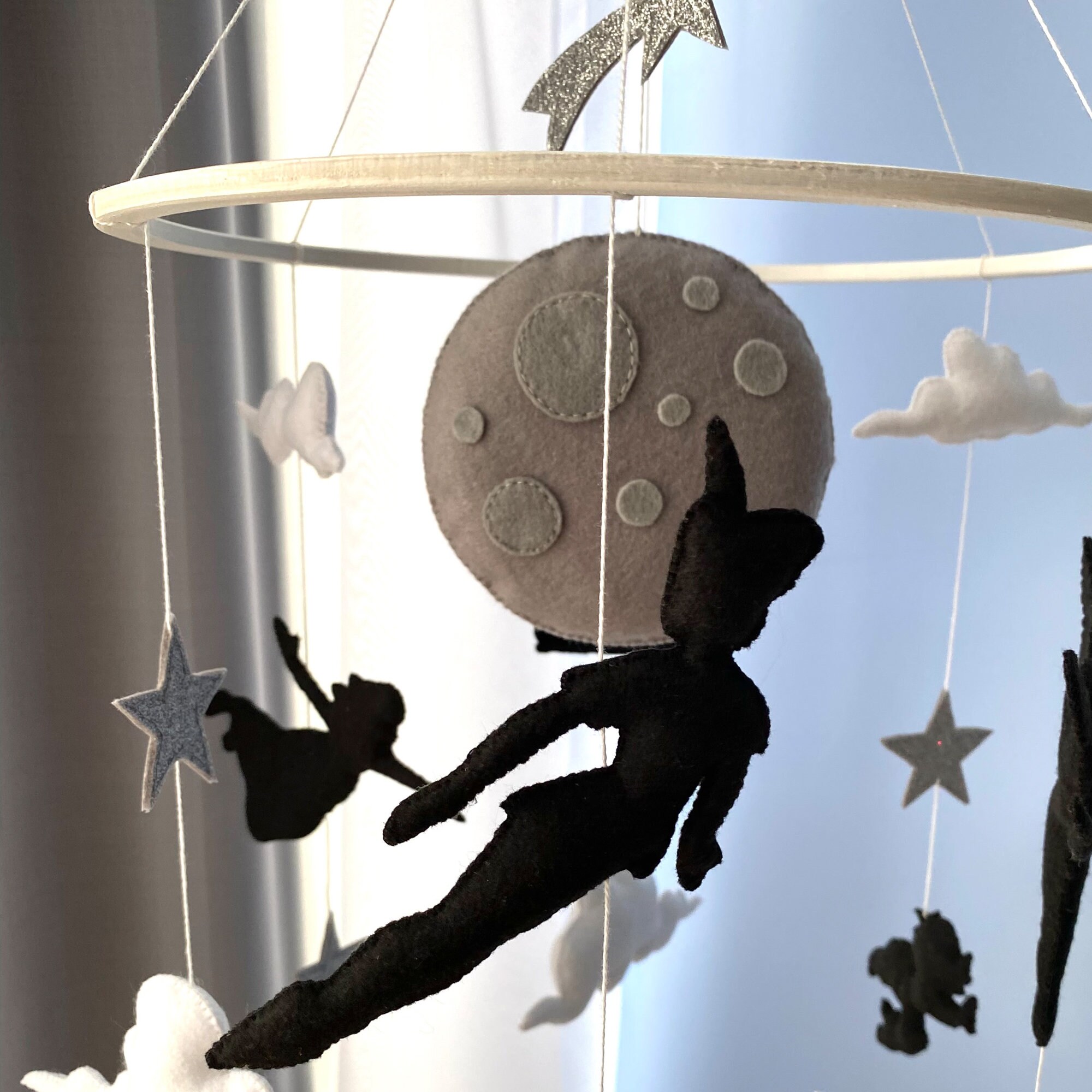 Tinkerbell and Peter Pan Nursery Mobile - Black and White Silhouette