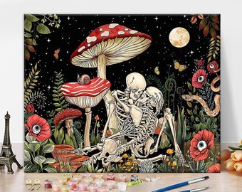 Malen nach Zahlen für Erwachsene, Pilz Schädel Bild, Skelett Trippy Blume Anfänger Einzigartiges Geschenk für Erwachsene 40,5 x 50 cm (rahmenlos)