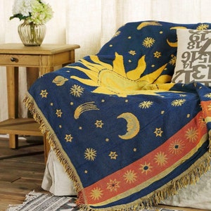 Dulcii Decorative 100% Cotton Woven Throw Blanket Sofa Towel Cotton Warm Slipcover (Sun Moon Stars)