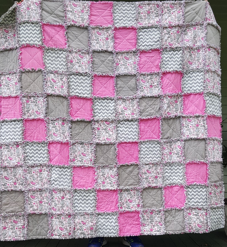 Pink Rag Quilts Flannel Rag Quilt, Cats, Pink & Gray, Chevron, Warm and Cozy - Etsy