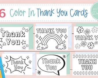 Color In Thank You Cards  | Thank You Printable | Thank You Card Bundle | Coloring Greeting Card | Coloring Card