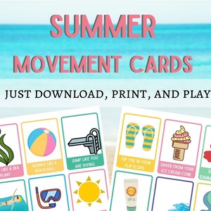 May include: A set of 12 colorful summer-themed movement cards with illustrations and instructions for kids to follow.  The cards feature images of a manta ray, seaweed, beach ball, diving board, flip flops, ice cream cone, hibiscus flower, shovel, swimmer, snorkel, sun, and sunscreen.
