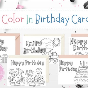 Color In Birthday Cards | Kids Birthday Cards | Birthday Party Printable | Birthday Card Bundle | Coloring Greeting Card | Coloring Card