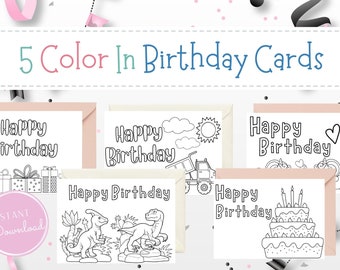 Color In Birthday Cards | Kids Birthday Cards | Birthday Party Printable | Birthday Card Bundle | Coloring Greeting Card | Coloring Card