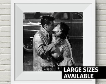 Audrey Hepburn George Peppard kissing in the rain Breakfast at Tiffany&#39;s 1961 Gift Girlfriend Wife Movie Poster Romantic Art