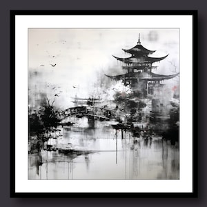 Peut inclure: Peinture en noir et blanc d'une pagode japonaise avec un pont au premier plan. La pagode est entourée d'arbres et d'eau. La peinture a une qualité vaporeuse et éthérée.