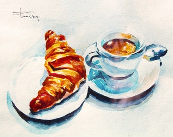 BREAKFAST WITH LOVE- Watercolor painting handmade art decor