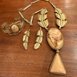 Vintage Mexican IXEL Handmade Brass Jewelry Set in Leaf Motif Has Statement Necklace with Agate Stones, Earrings and Agate Cuff Bracelet