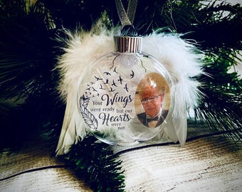 Memorial Ornament with Photo & Feathers | Personalized Angel Wings Remembrance Keepsake | Sympathy Gift for Loss of Loved One