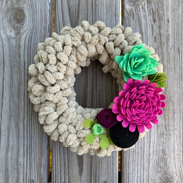 9-in. Handmade Loop Yarn Chunky Beige Wreath with Rosette & Succulent Felt Flowers