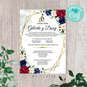 May include: Wedding invitation with a gold geometric frame and floral accents. The invitation reads "Nuestra Boda" and features the names "Gilberto and Daisy". The invitation includes the date, time, and location of the wedding ceremony and reception.