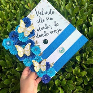 Volando Alto, Class of 2026 Graduation Cap Topper, Pink Floral Butterflies, Custom Fit