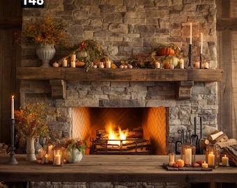 May include: A cozy fireplace scene with a stone facade, a wooden mantel, and a roaring fire. The mantel is decorated with pumpkins, candles, and fall foliage. A rustic wooden table in the foreground holds more candles and pumpkins, creating a warm, inviting atmosphere.