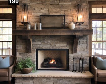 May include: A stone fireplace with a wooden mantel, flanked by two sconces with lit candles. The fireplace has a fire burning inside. A small plant in a bowl sits on the hearth. The number "190" is in the top left corner.