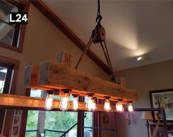 Rustic industrial twin beam chandelier with pulley L24