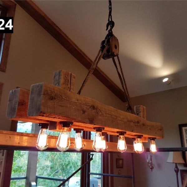 Rustic industrial twin beam chandelier with pulley L24