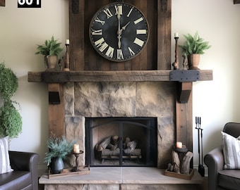 Rustic Reclaimed Wood Beam Mantel with Elegant Iron Accents #601