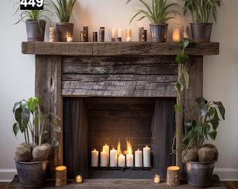 May include: A rustic wooden fireplace mantel with various potted plants and candles. The mantel is adorned with several small candles and decorative items. The fireplace below has lit candles, creating a warm and inviting ambiance. The number "449" is in the top left corner.