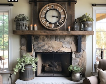 Rustic Reclaimed Wood Beam Mantel with Elegant Iron Accents #603