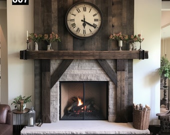 Rustic Reclaimed Wood Beam Mantel with Elegant Iron Accents #607