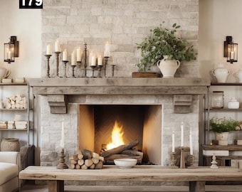 May include: A rustic stone fireplace with a wood mantel and a roaring fire. The fireplace is decorated with candles and greenery. The number 179 is visible in the top left corner of the image.