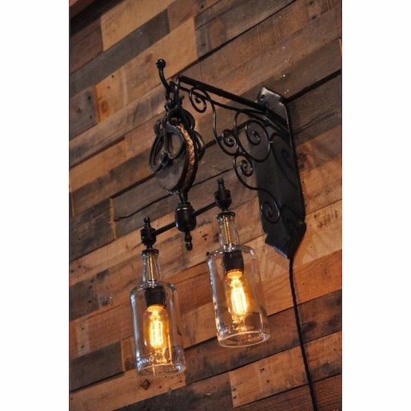 Rustic Wall Lamp with Bottles and pulley. Industrial Chic