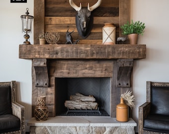 Op de afbeelding: Een rustieke open haard met een houten mantel en stenen basis. De mantel toont decoratieve items, waaronder een hertenkop, een lantaarn en potplanten. De open haard bevat houtblokken en wordt geflankeerd door houten stoelen.