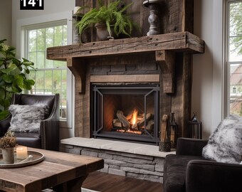 May include: A rustic fireplace with a wooden mantel and stone accents. A black metal fire screen encloses the fire, with flames visible. A fern in a pot and a candle holder sit on the mantel. The number "141" is in the top left corner.
