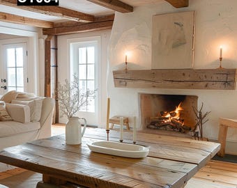 May include: A rustic living room with a large wooden coffee table, a fireplace, and exposed wooden beams. A white vase with dried flowers and a white ceramic tray are on the table. The fireplace has a lit fire and candles on the mantel. The text "CT054" is in the top left corner.