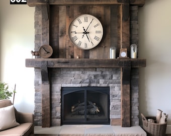 Rustic Reclaimed Wood Beam Mantel with Elegant Iron Accents #602