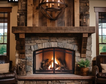 May include: A rustic stone fireplace with a burning fire, a wooden mantel, and a decorative metal chandelier. The fireplace has a stone hearth and is flanked by leather armchairs. The number 142 is in the top left corner.