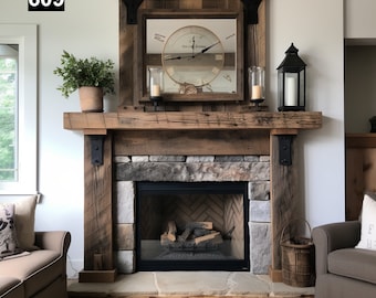 Rustic Reclaimed Wood Beam Mantel with Elegant Iron Accents #609