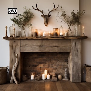May include: A rustic wooden fireplace mantel with a brick hearth. The mantel is decorated with candles, vases, and a mounted deer head. The text "520" is visible on the wall above the mantel.