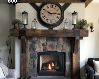 Rustic Reclaimed Wood Beam Mantel with Elegant Iron Accents #600