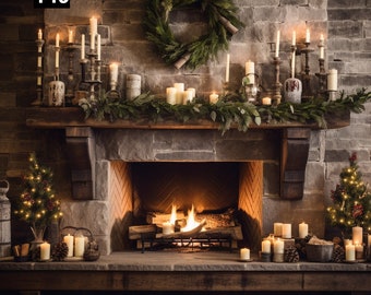 May include: A rustic stone fireplace with a lit fire, decorated with a green wreath, candles, and greenery. The fireplace has a wooden mantel with the number 149 on it.