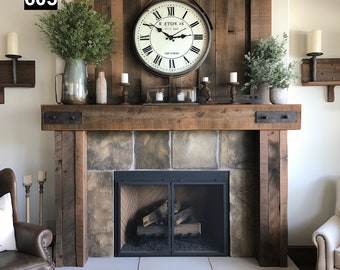 Rustic Reclaimed Wood Beam Mantel with Elegant Iron Accents #605