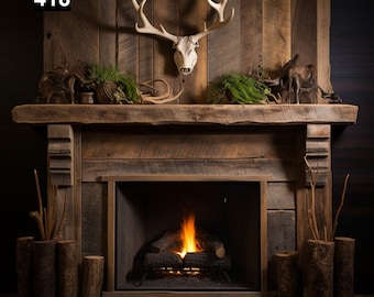 May include: Rustic wooden fireplace with a burning fire. A deer skull with antlers is mounted above the mantel, which is decorated with greenery and decorative items. The number "418" is in the upper left corner. The fireplace is flanked by wooden log holders.
