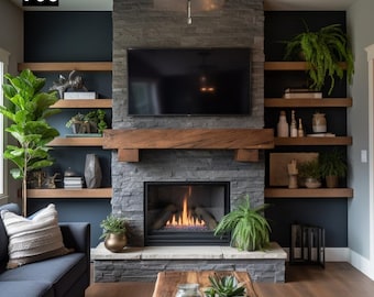 May include: A modern living room with a stone fireplace and a flat screen TV above it. The fireplace has a wood mantel and a gas fire burning inside. There are wooden shelves on either side of the fireplace, with plants and decorative items on them. The room is painted in a dark blue color and has a dark wood floor.