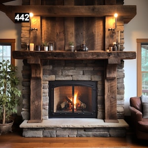 May include: A rustic stone fireplace with a wooden mantel and supports. The fireplace has a black metal door and a fire burning inside. The mantel is decorated with candles and small plants. The number "442" is visible on the upper left.