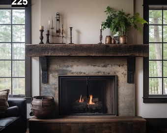 May include: A rustic fireplace with a wooden mantel and stone surround. The fireplace features a burning fire, decorative candles, and a metal pot. Large windows frame a view of the outdoors.