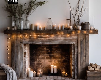 May include: A rustic wooden fireplace mantel with lit candles, string lights, and decorative vases. The fireplace has a brick interior and is flanked by wooden panels. A wooden crate holds firewood, and a blanket rests on a wooden box.