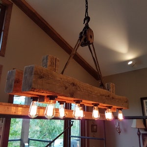 60" Rustic industrial twin beam chandelier with pulley