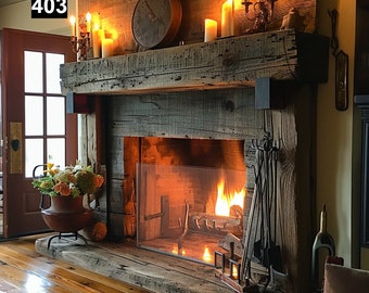 Op de afbeelding: Een rustieke open haard met een houten mantel, brandende kaarsen en een brandend vuur. Een decoratieve klok en metalen kandelaars staan op de mantel. Een vaas met bloemen staat op de haard. Het nummer "403" staat in de linkerbovenhoek.