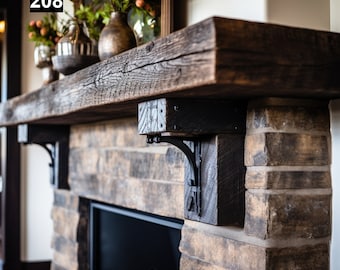 May include: A rustic fireplace with a dark wooden mantel and decorative metal brackets. The fireplace is constructed with brick and stone, and the mantel displays vases and floral arrangements. The number "208" is visible in the top left corner.