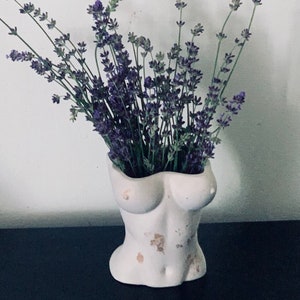 May include: A white, torso-shaped vase with a distressed finish, holding a bundle of purple lavender stems. The vase has a feminine form, with visible breasts and a textured surface. The lavender adds a natural, floral element.