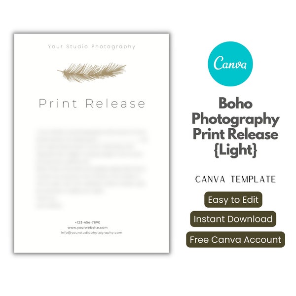 Boho Print Release for Photographers, Editable Canva Print Release Template, Photography Print Release Template Boho Style Release (Light)